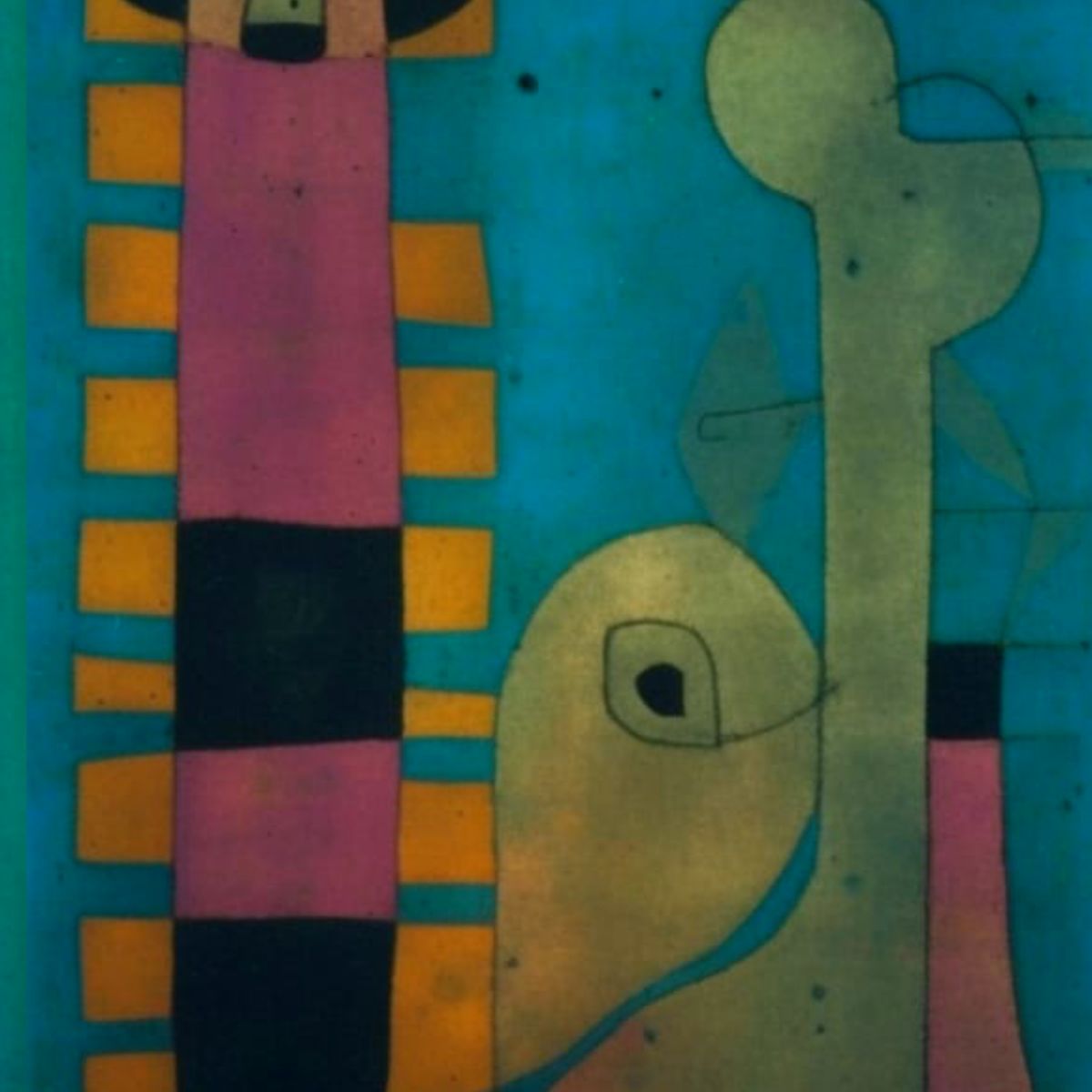 Abstract composition in turquoise, plum, gold, and green